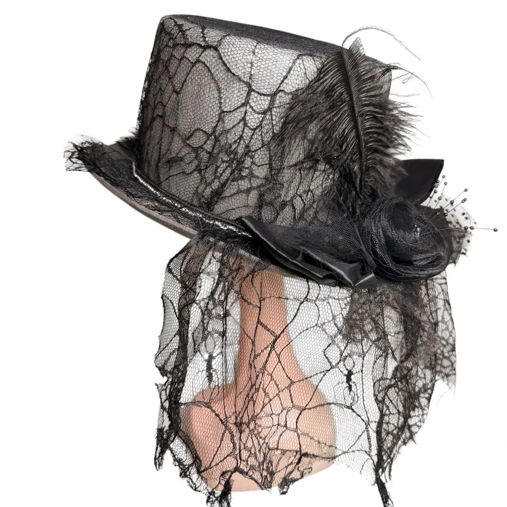 Gothic Victorian Gray Top Hat Black Lace Veil Feather Fascinator S/M
